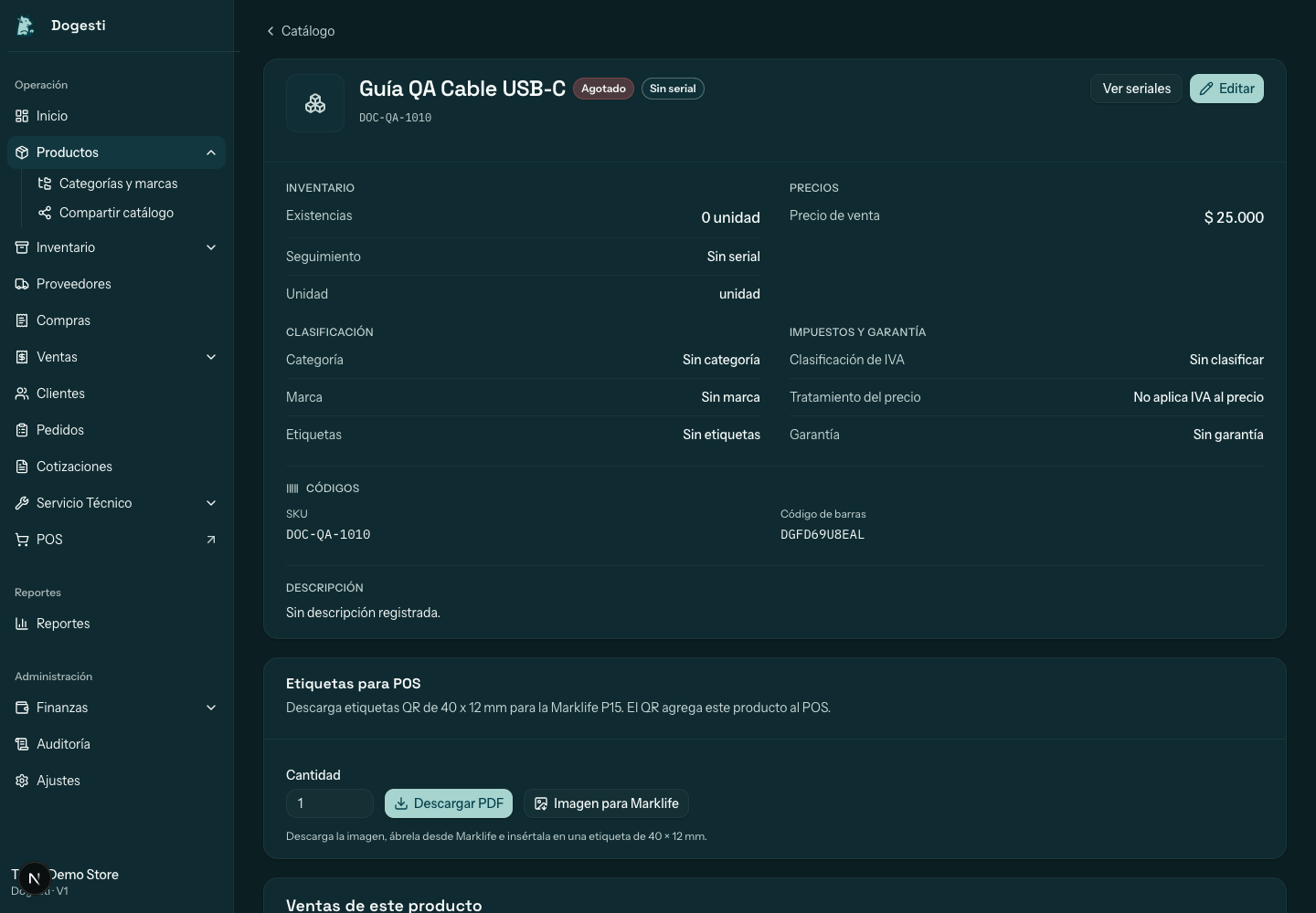 Ficha de un cable de prueba con existencias, precio, clasificación, códigos y accesos para descargar etiquetas QR para POS.